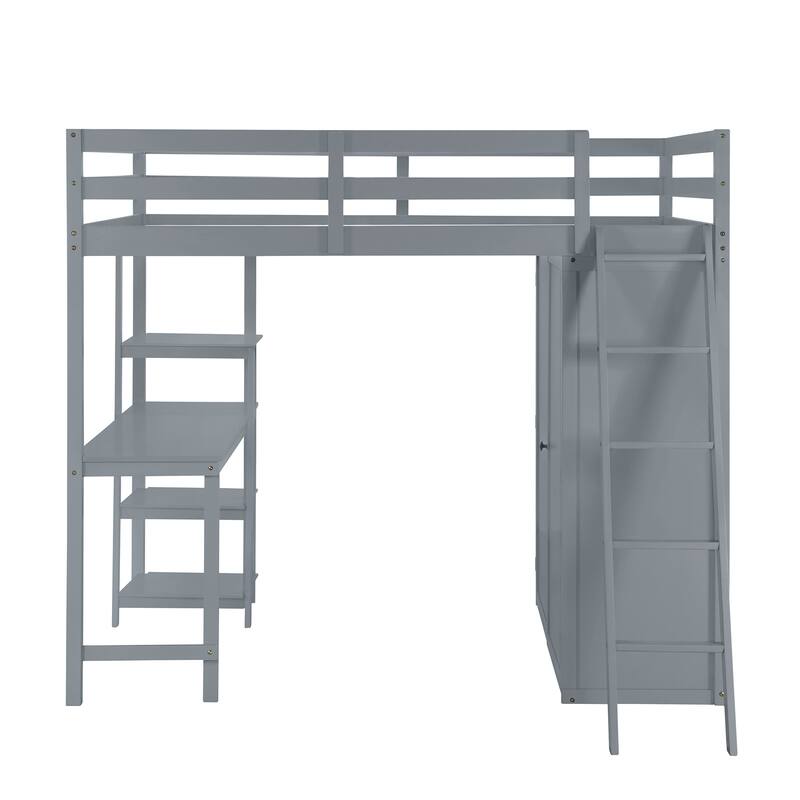 Full Size Loft Bed with Wardrobe, Desk, and Shelves - Space-Saving Design