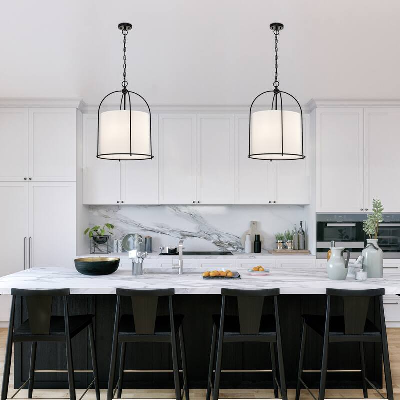 Matte Black Finish 3-Light 18 in. Cage Chandelier with White Fabric Shade