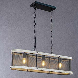 CraftHome Black Mesh And Weathered White Wood Frame Rustic Farmhouse Drum Chandelier Pendant Dining Room Industrial Chandelier