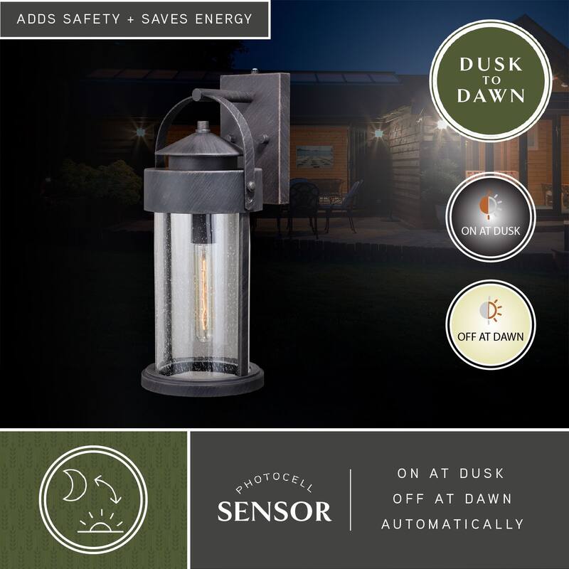 Cumberland 1 Light Dusk to Dawn Bronze Rustic Outdoor Wall Lantern Clear Glass - 8-in W x 19.75-in H x 9-in D