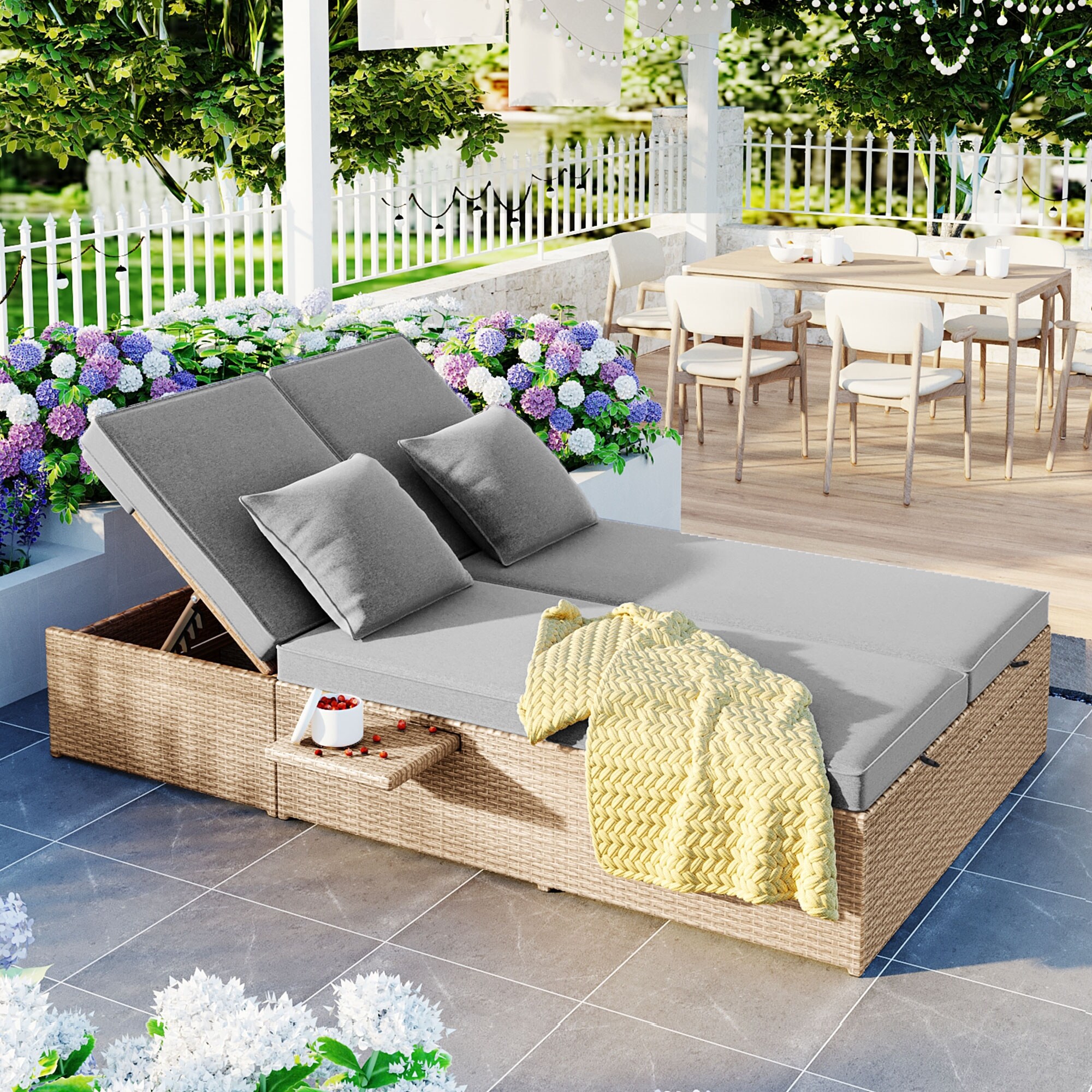 Outdoor Double Sunbed with Adjustable Backrest and Seat On