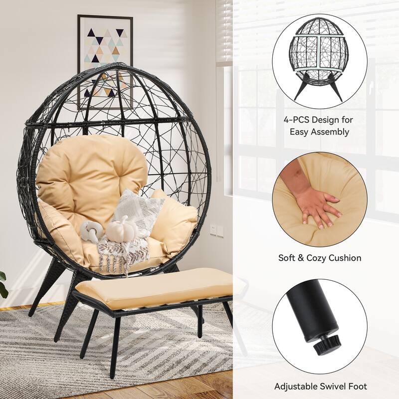 Egg Chair with Stand Outdoor Egg Lounge Chair with Cushion - Black
