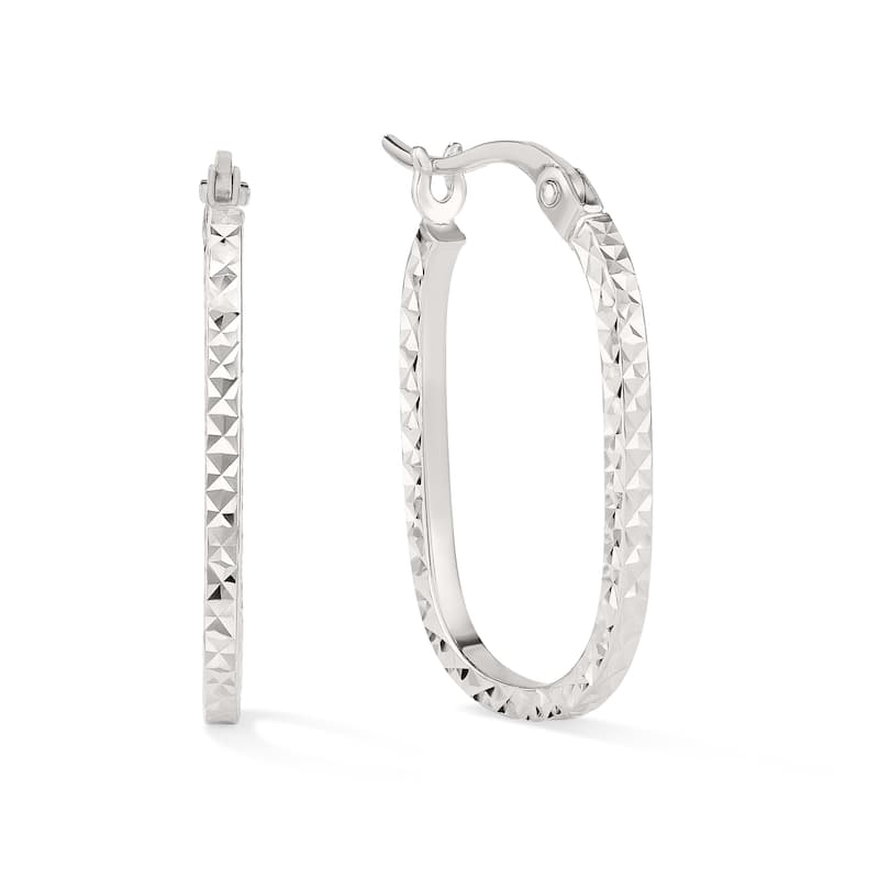 Clover 14K White Gold Diamond-Cut Oval Hoop Earrings