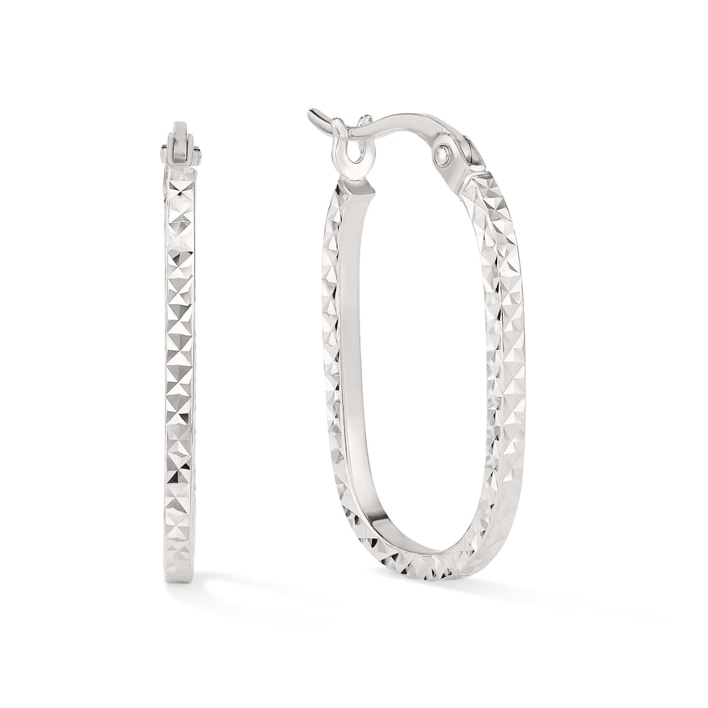Clover 14K White Gold Diamond-Cut Oval Hoop Earrings