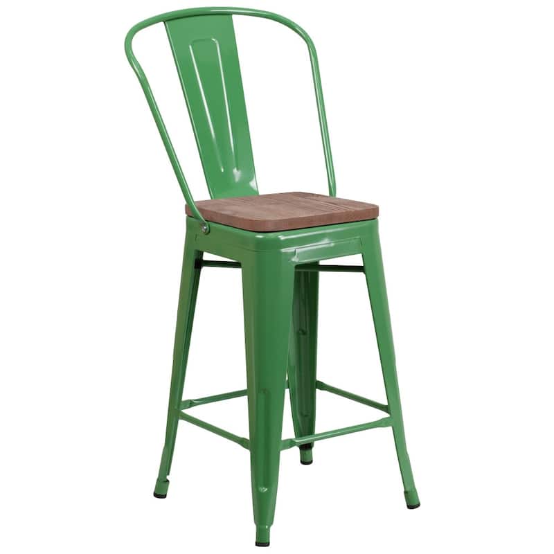 4 Pack 24" High Metal Counter Height Stool with Back and Wood Seat - 17.75"W x 20"D x 39.25"H