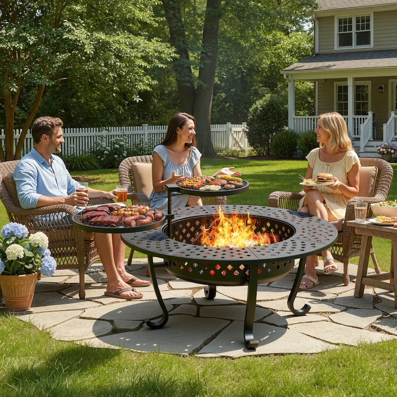 3-in-1 Outdoor Fire Pit Table - BBQs, Bonfire & 43" Metal Table - N/A