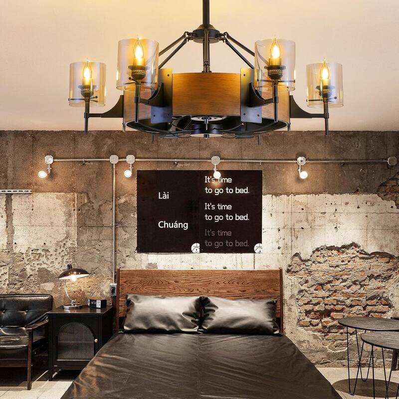 38.5 Inches Wood Grain Farmhouse Fandelier with Remote,6 E26 Bulbs Base - 38.5 inches
