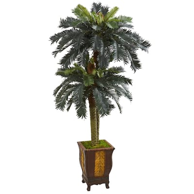 Artificial Sago Palm Tree 6ft Indoor - Realistic Double Sago Plant with Planter - Home Office Decor - 6ft.