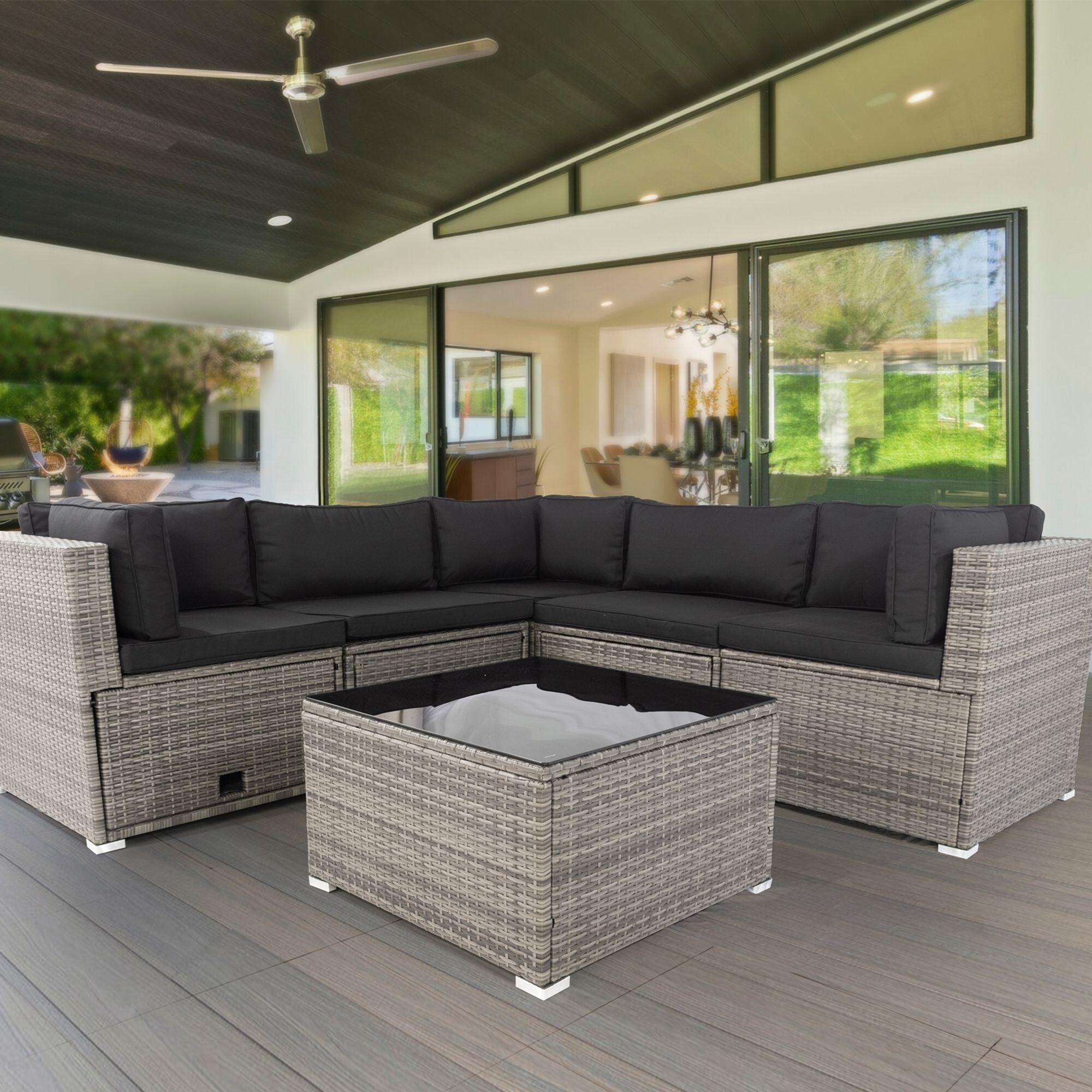 Oaks Aura 6 Pieces Grey PE Rattan sectional Outdoor Furniture
