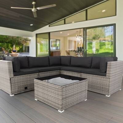 Oaks Aura 6 Pieces Grey PE Rattan sectional Outdoor Furniture Cushioned Sofa Set with 3 Storage Under Seat