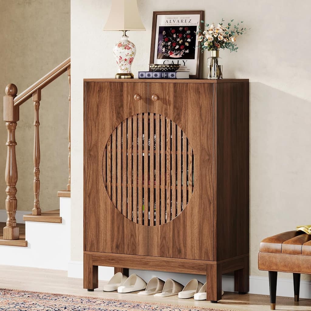 28" Brown 5-Tier Shoe Cabinet with Round Louvered Doors