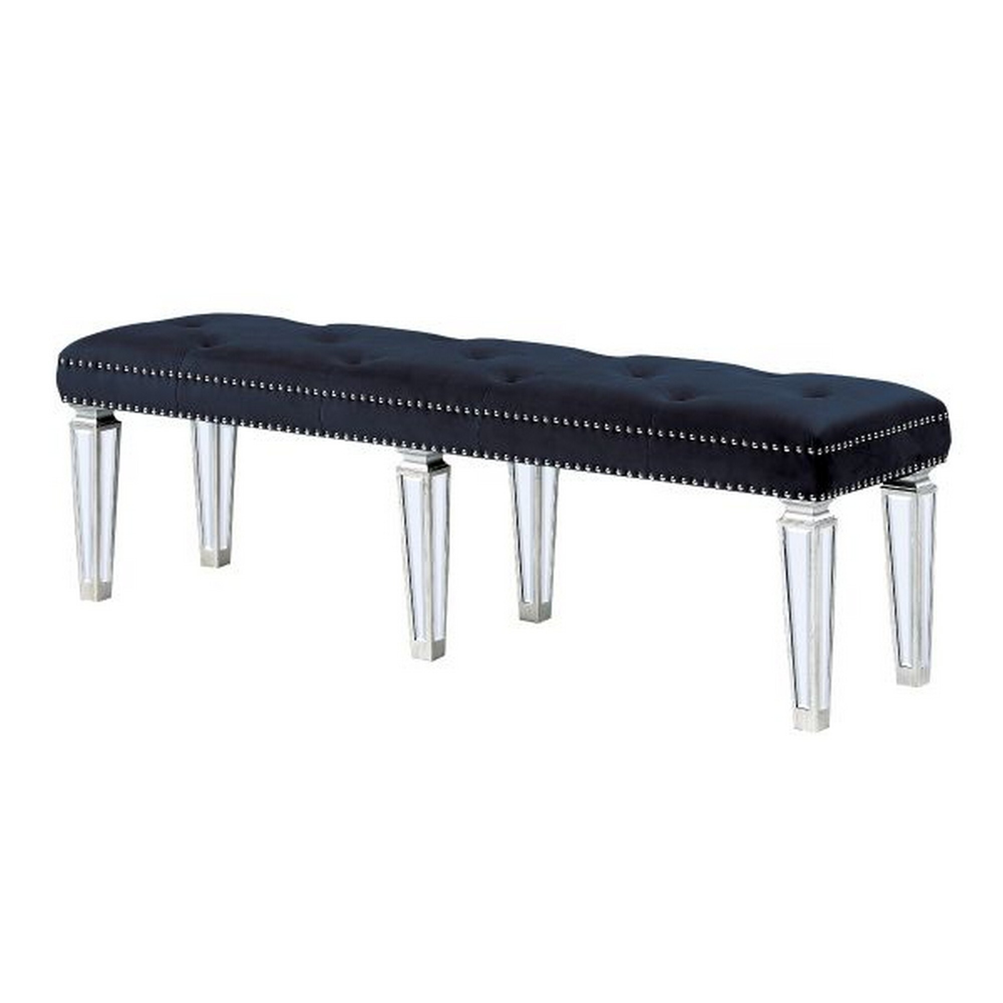 Accent Bench with Tufted Velvet Seat and Mirrored Legs Black
