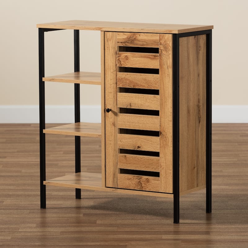 Vander Modern Oak Brown Wood and Black Metal 1-Door Shoe Cabinet