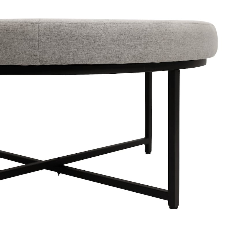 Tufted Round Cotton Linen Ottoman with Iron Frame