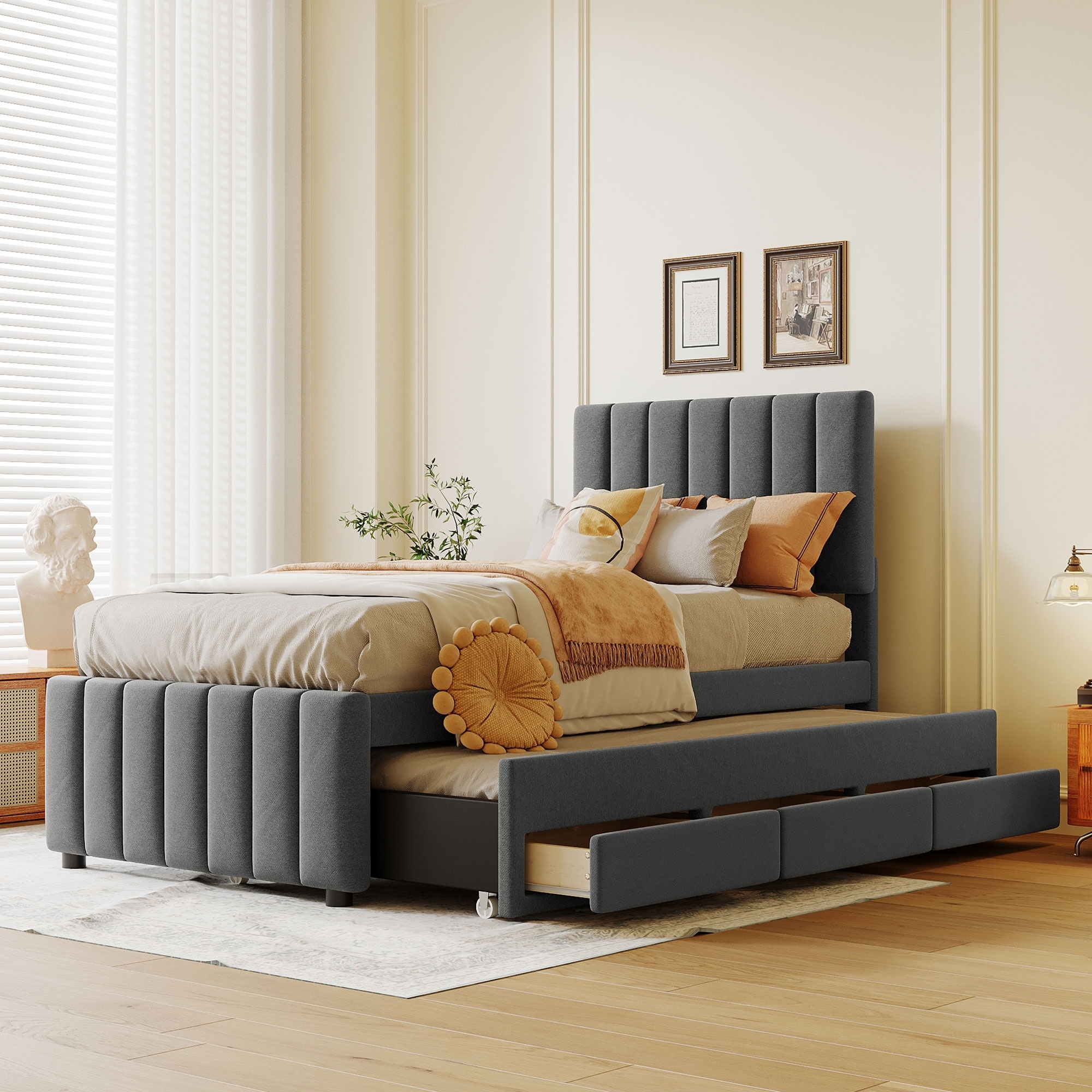 Upholstered Platform Bed Captain Bed with Trundle and 3 Drawers, Vertical Striped Linen Headboard and Footboard Slats Support