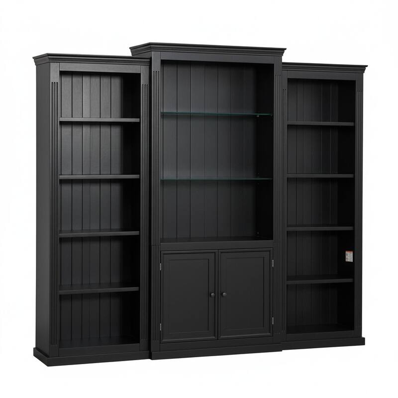 78.75" Tall 3-Piece Bookcase with Adjustable LED Light, Tempered Glass Shelves for Living & Office