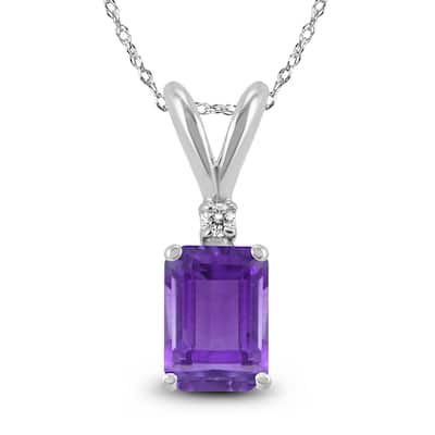 Marquee 14K White Gold 6x4MM Emerald Shaped Amethyst and Diamond Pendant
