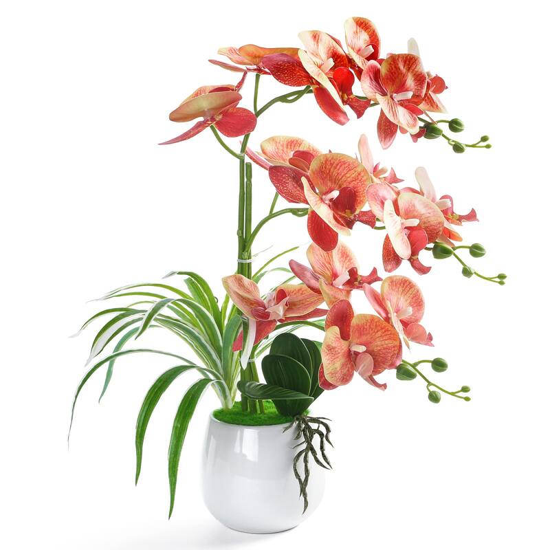 Artificial Orchid Plants and Flowers with Vase, Fake Faux Orchid in Ceramic Pot,19", Orange - Green