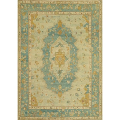 Vegetable Dye Blue Oushak Turkish Area Rug, Floral Geometric Carpet - 11' 10'' X 9' 0''