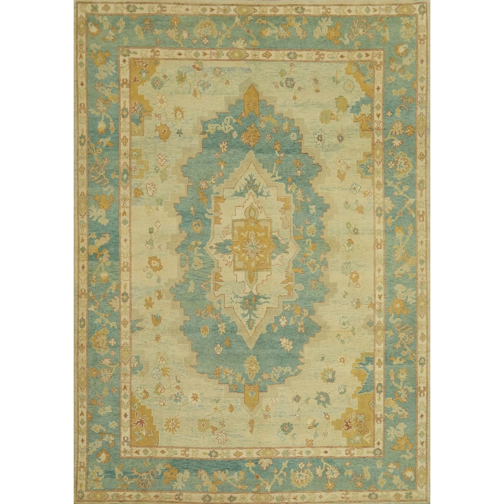 Vegetable Dye Blue Oushak Turkish Area Rug, Floral Geometric Carpet - 11' 10'' X 9' 0''