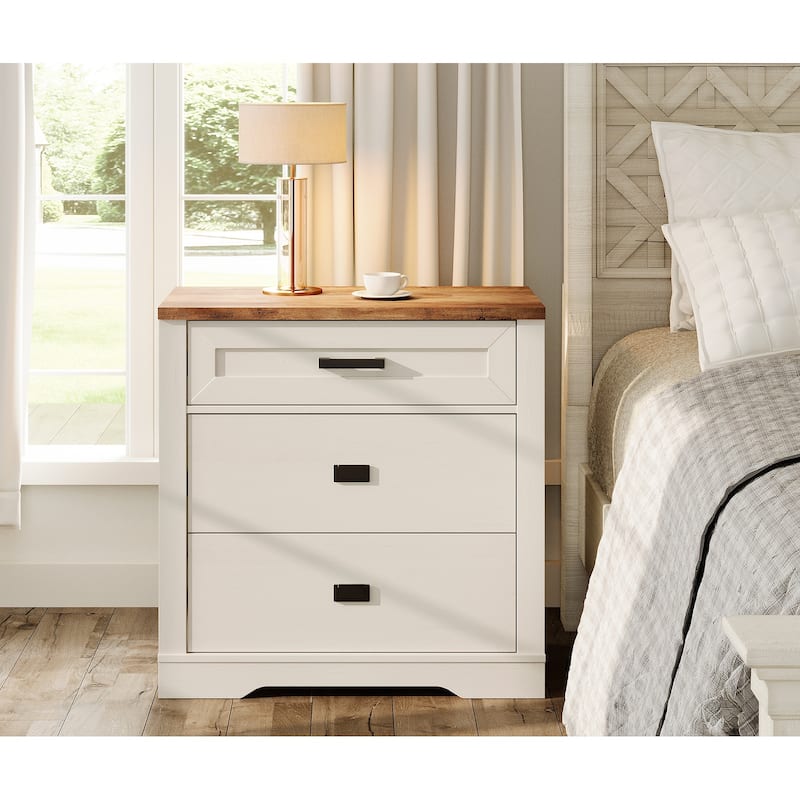 Large Nightstand for Bedroom,Farmhouse Bedside Table with Wide Drawers - Antique White - 3-drawer