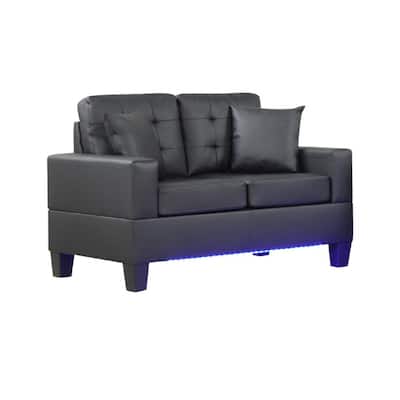 Iris Loveseat w 2 Pillows, LED, USB Ports, Black Faux Leather, 56 Inch