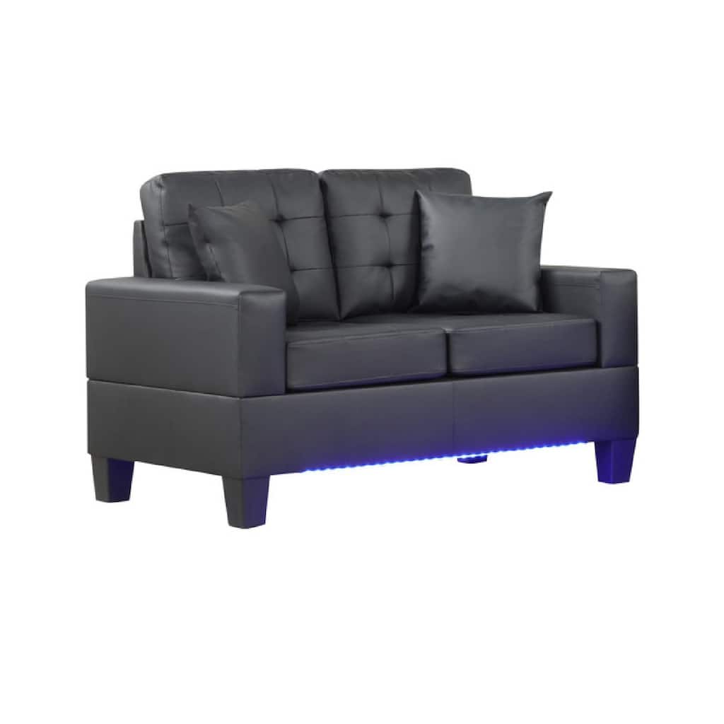 Iris Loveseat w 2 Pillows, LED, USB Ports, Black Faux Leather, 56 Inch