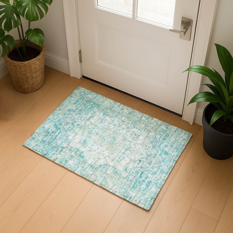 Premium Washable Super Soft Vintage Traditional Mayfield Rug - Teal - 1'8" x 2'6"