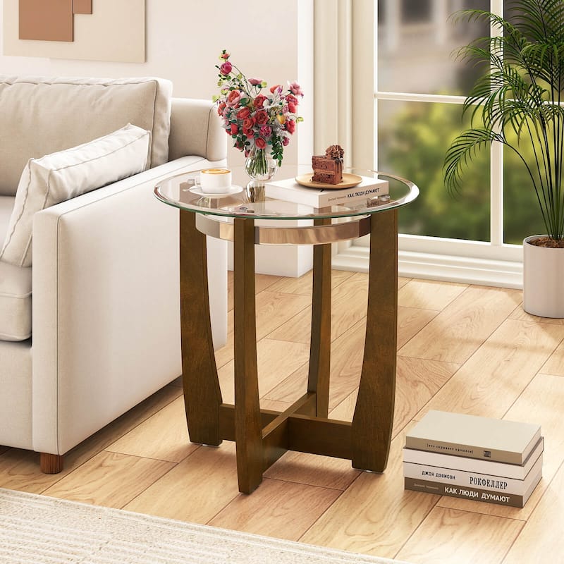 Costway 1/2 PCS 24" Round Side Table Glass End Table with Tempered - See Details