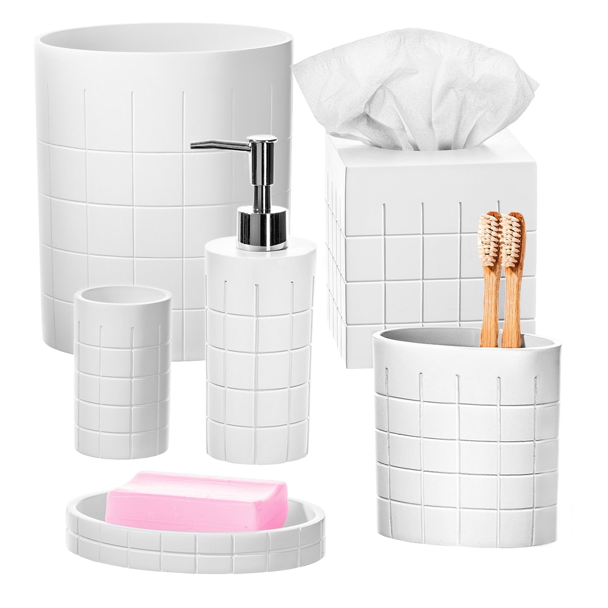 Creative Scents Silver Bathroom Accessories Set - Mosaic Glass 6 Piece Bathroom Set Includes: Toilet Brush and Holder Set, Tissue Box Cover, Toothbrus