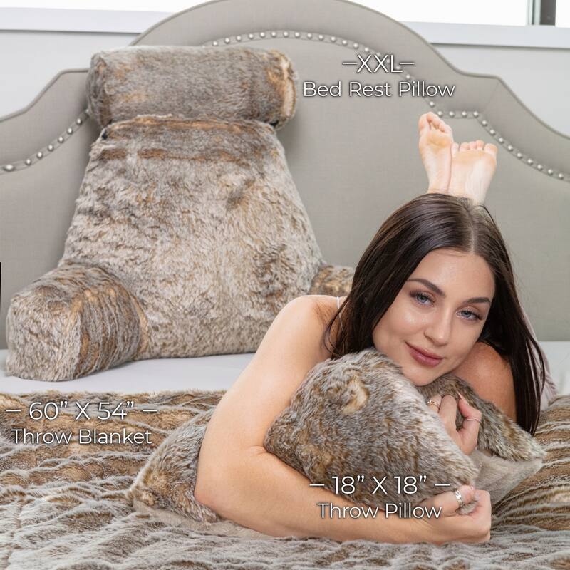 Medium Husband Pillow - Ultra Rare Baby Chinchilla, 2-tone Reversible Double Sided Fabulous Faux Fur Bed Rest Pillow with Arm