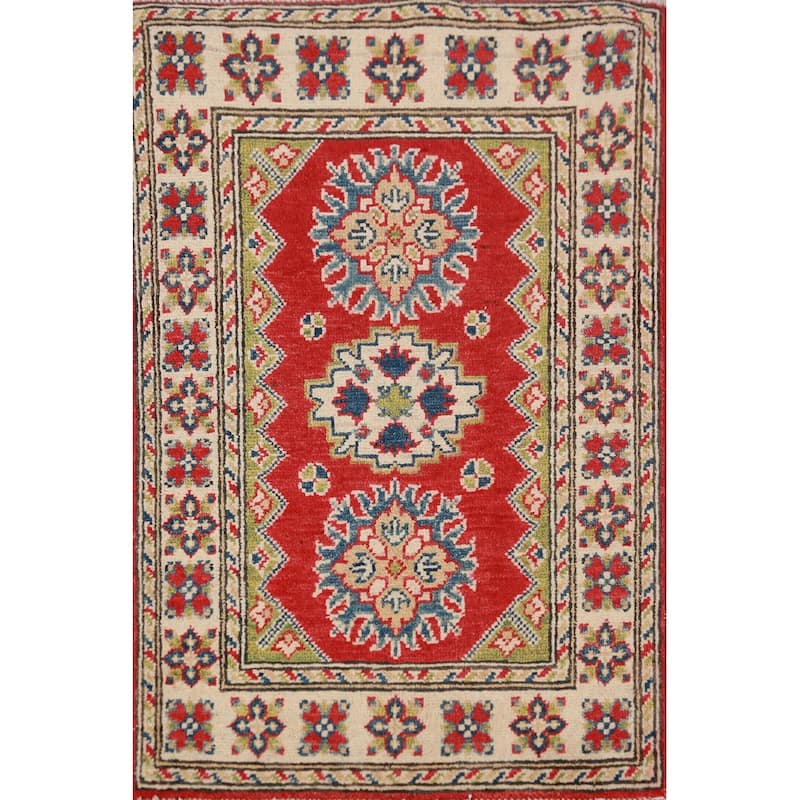Red Kazak Oriental Foyer Rug Handmade Geometric Wool Carpet - 2'0"x 3'0"