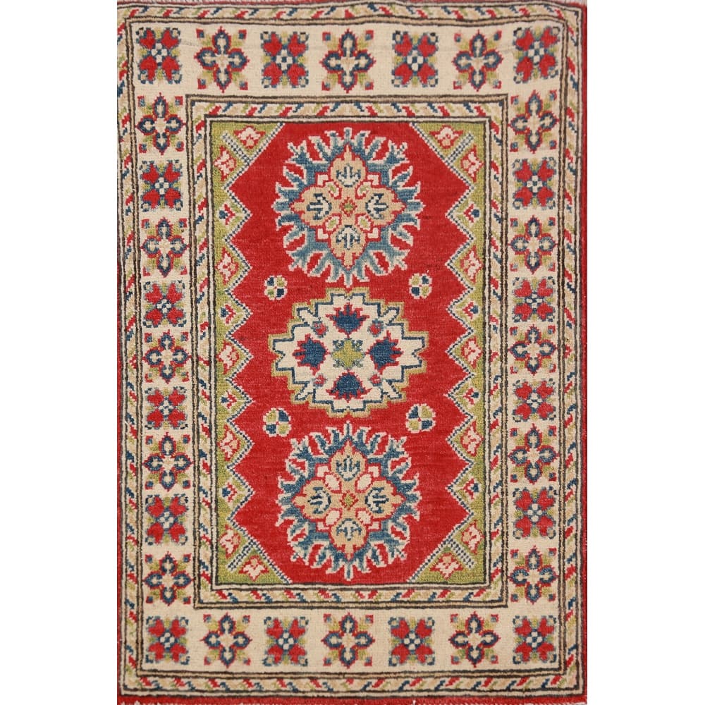 Red Kazak Oriental Foyer Rug Handmade Geometric Wool Carpet - 2'0"x 3'0"