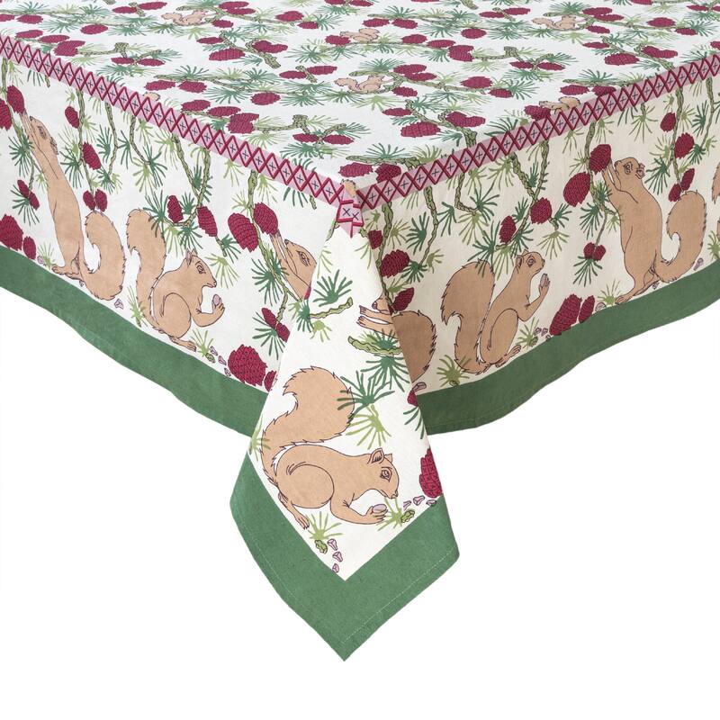 Couleur Nature Squirrel and Pinecone Tablecloth - Red/Brown - 71" x 106"