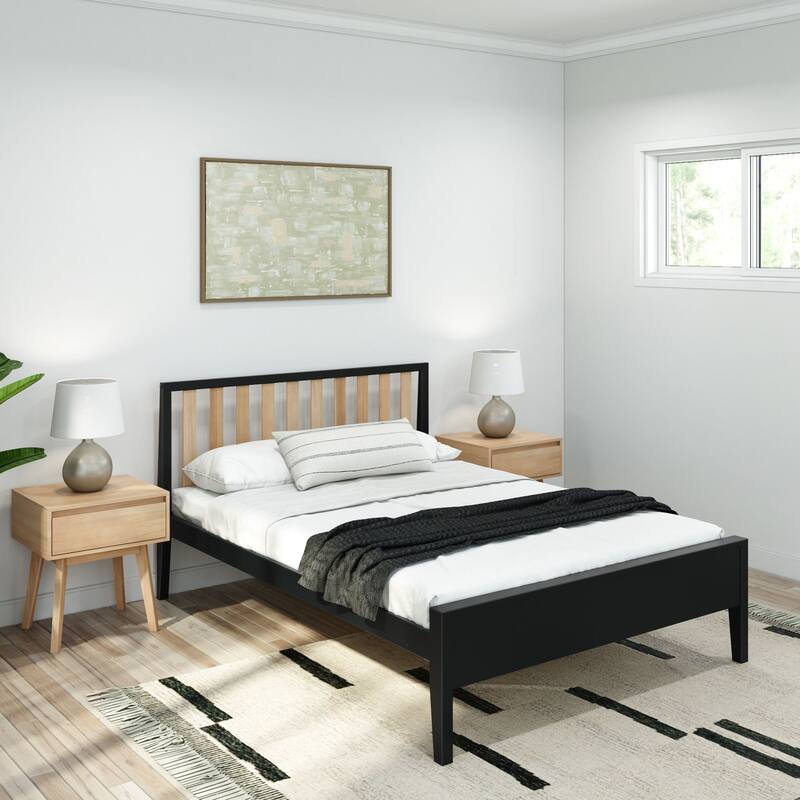 Plank and Beam Modern Full-Size Bed with Slatted Headboard - Black/Blonde