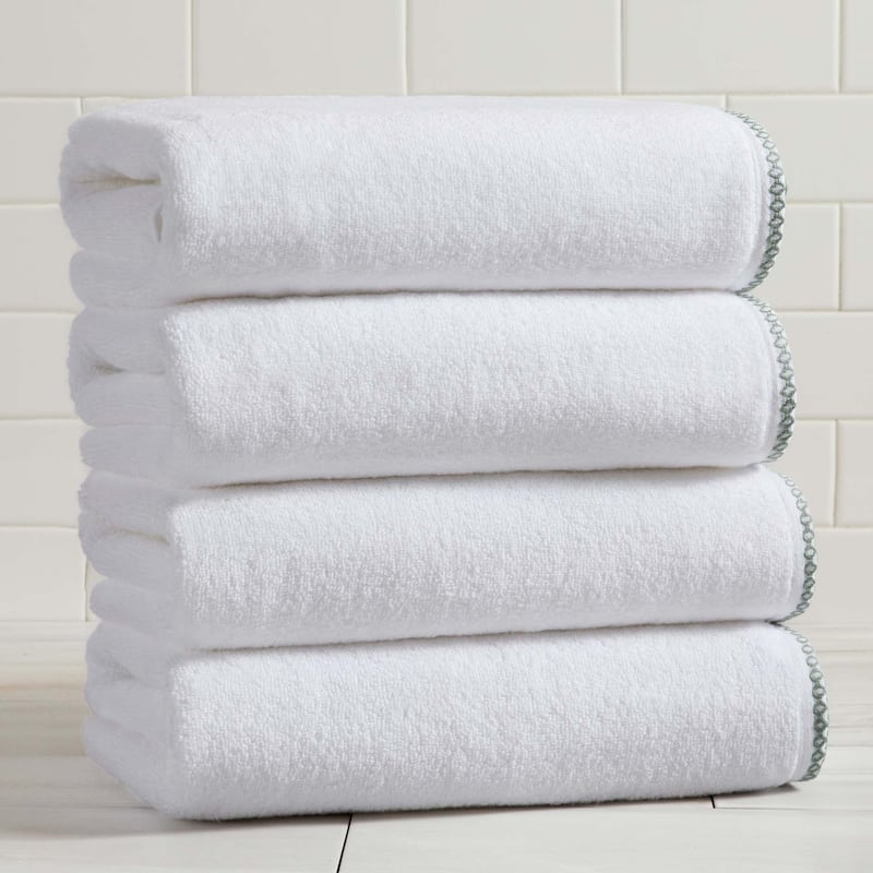 Linery & Co. Quick-Dry Cotton and Decorative Border Towel Set - Bath Towel (Pack of 4) - White / Eucalyptus