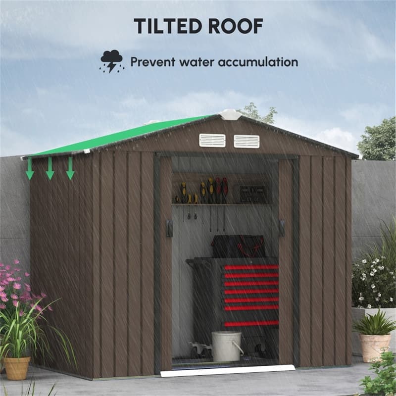 Large Brown Galvanized Steel Garden Storage Shed with Polypropylene Panels Lockable Double Doors and Ventilation