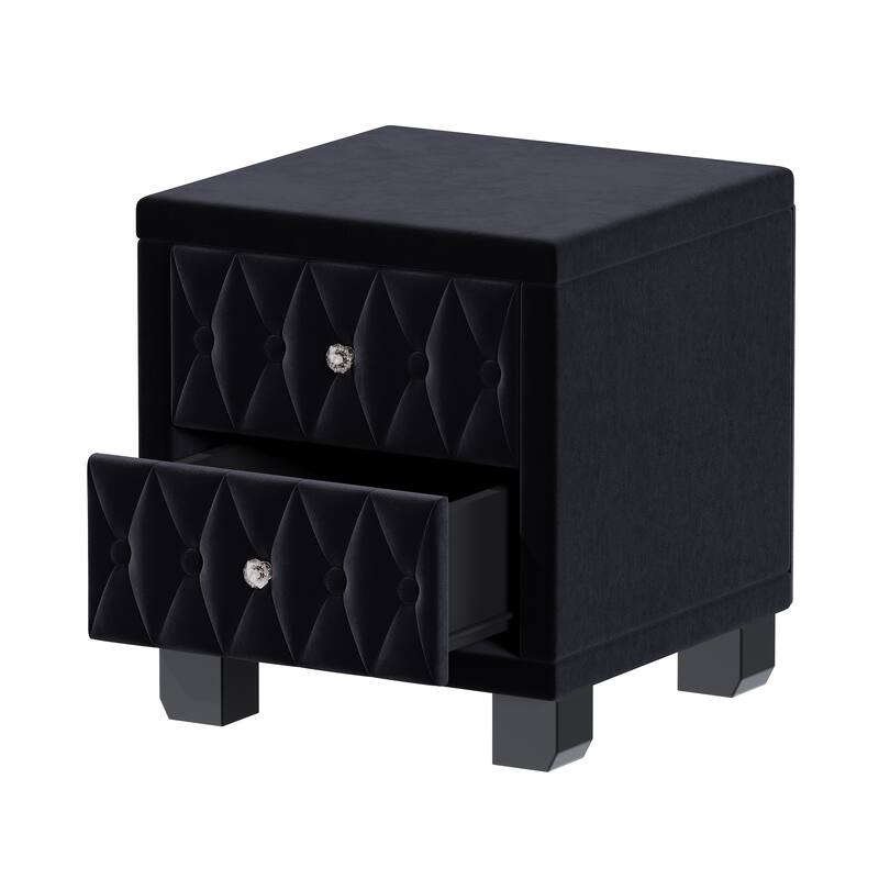 Elegant Velvet 2-Drawer Nightstand with Crystal Handles - Button-Tufted Storage Bedside Table (Black)