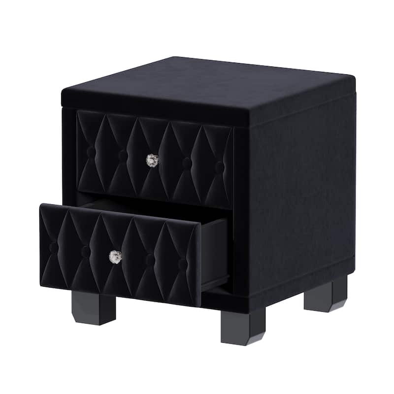 Velvet Nightstand with Crystal Handles, 2-Drawer Storage Bedside Table, Button-Tufted Design