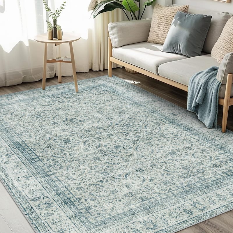 Mcow Machine Washable Boho Vintage Retro Floral Non Slip Rug - Blue - 9'X12' - Rectangle