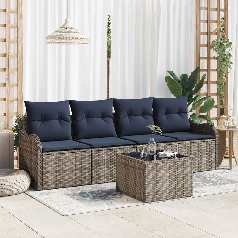 vidaXL 5 Garden Sofa Set with Cushions Black/Brown/Grey Poly Rattan - 90.9 x 24.4 x 27.2 - Grey