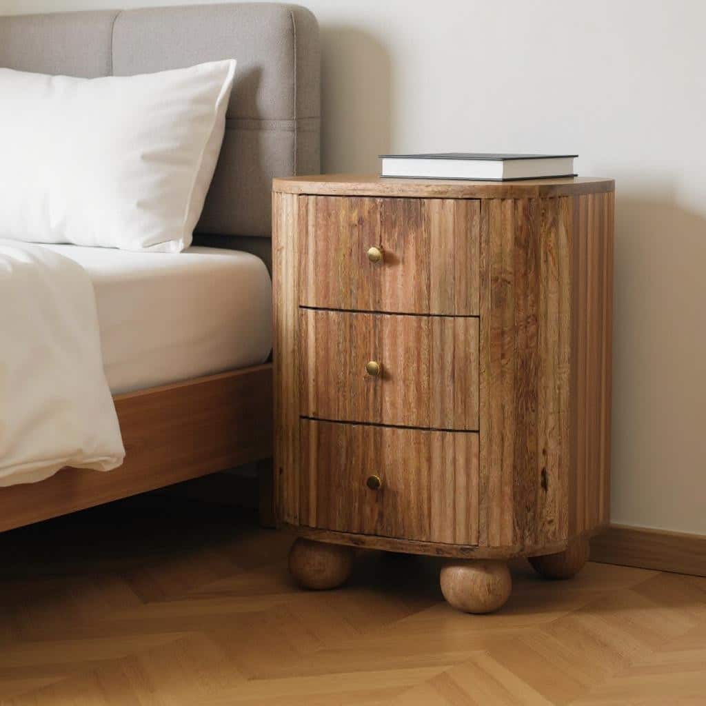 HomeRoots 23" Natural Solid Wood Ribbed Texture Round Three Drawer Nightstand