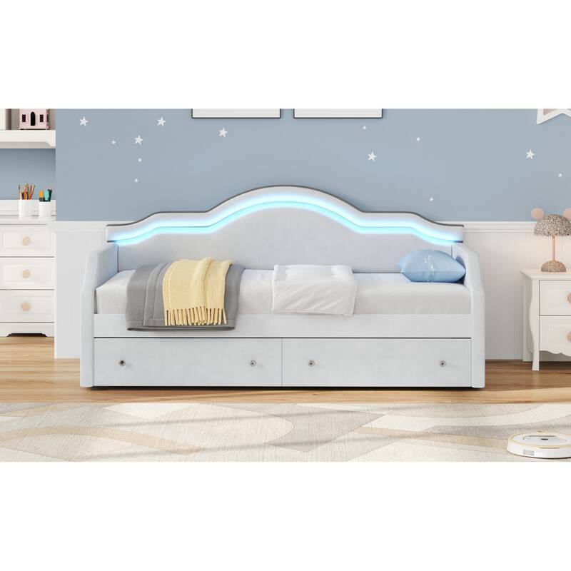 Roomfitters Twin Size Upholstered Daybed with LED Light Strip and Underbed Storage Drawers, Wave Shape Padded Frame, White