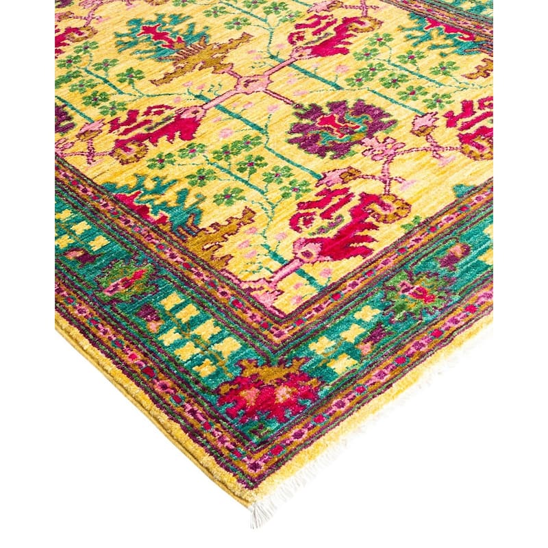 Overton Hand Knotted Wool Vintage Inspired Modern Contemporary Arts & Crafts Yellow Runner Rug - 2' 7" x 9' 8"