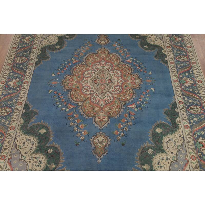 Blue Tabriz Persian Vintage Rug Handmade Wool Carpet - 9'7" x 13'0"