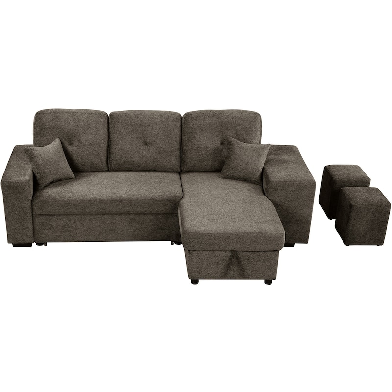 95" Velvet Sectional Sofa with Storage Chaise and 2 Stools and Reversible L-Shape Sofa Bed