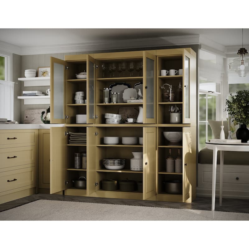 100% Solid Wood 65" Pantry China Cabinet with Solid, Frosted Glass Doors and Adjustable Shelves