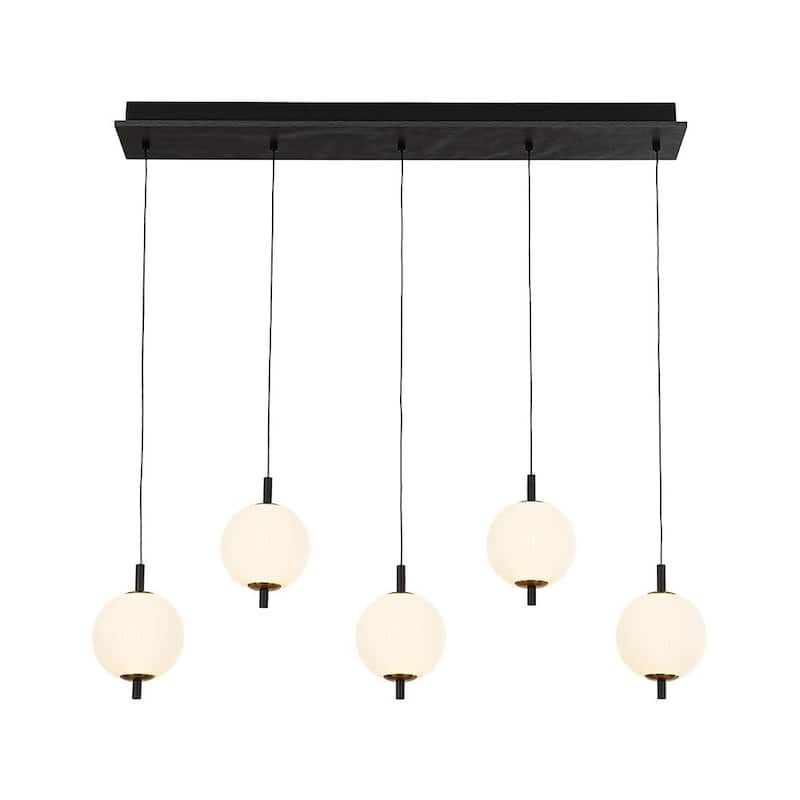 Modern 5-Light Kitchen Island Pendant with Ribbed Acrylic Globe Shade - Matte Black