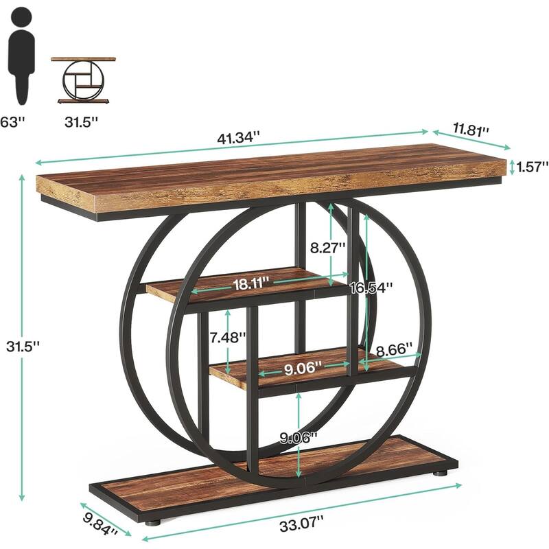 41.3" Console Table, Industrial 4-Tier Entryway Table with Circle Base - 41.3" W x 11.8" D x 31.5" H