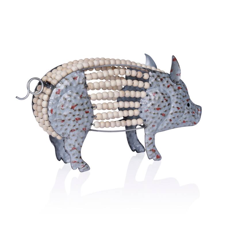 Metal Pig with Hollow Head and Wooden Beaded Body Decor